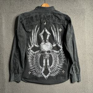 Vintage Affliction 2XL Wings Cross Embroidered Button Down Shirt Medium Y2K